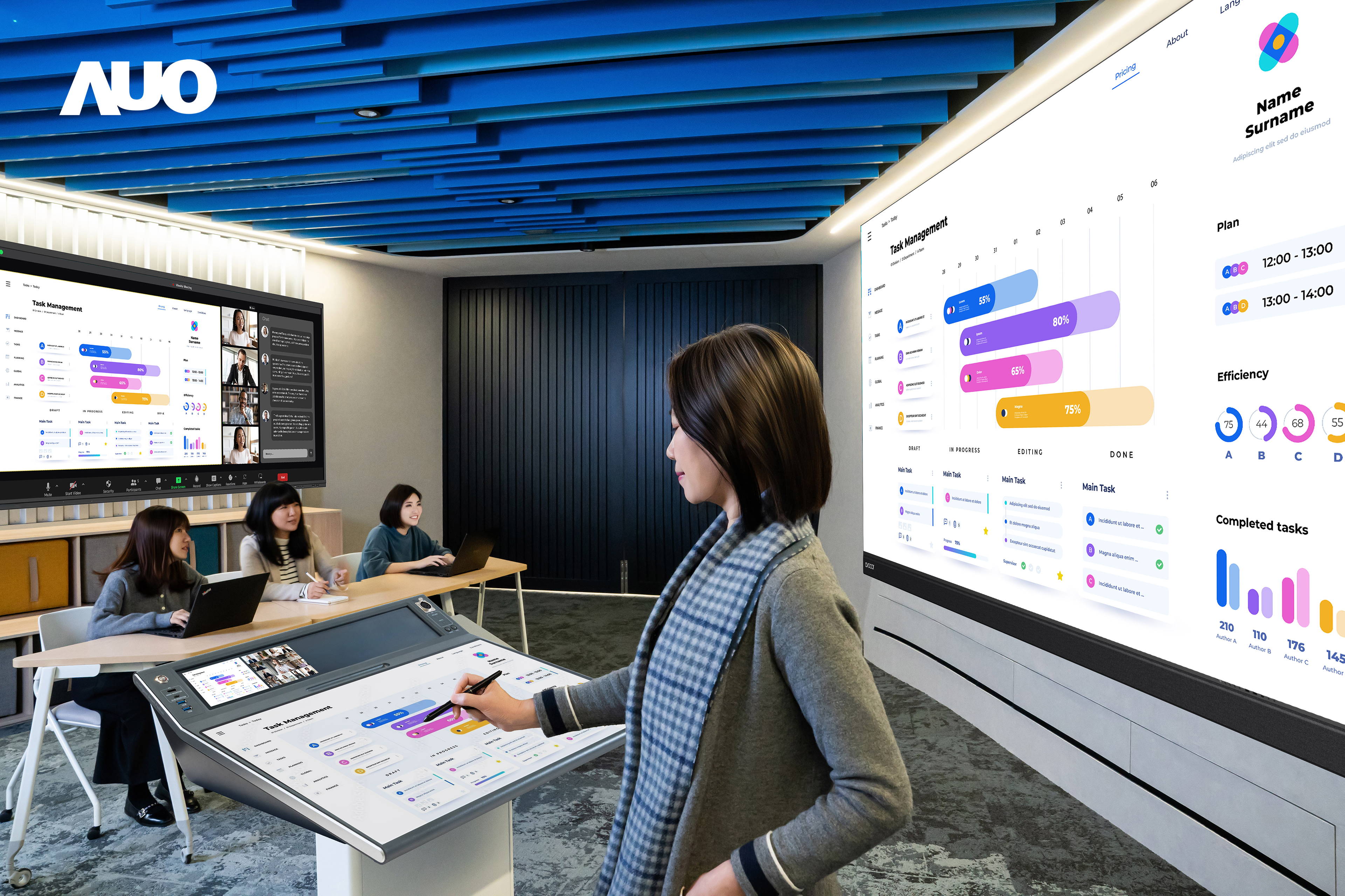 達擎攜手Avocor與Rise Vision展示全方位商務(wù)領(lǐng)域應(yīng)用，包含採用模組化設(shè)計的138吋一體式All-in-One LED顯示器及具21:9超寬比例的92吋互動式電子白板（IFPD），講者可輕鬆分享內(nèi)容，有效提升會議協(xié)作效率。